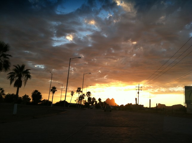 Entering the oasis of San Carlos on our first night back in Mexico.