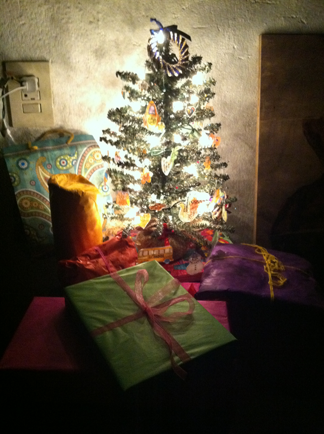 Our little Christmas tree with shrinky dink ornaments.
