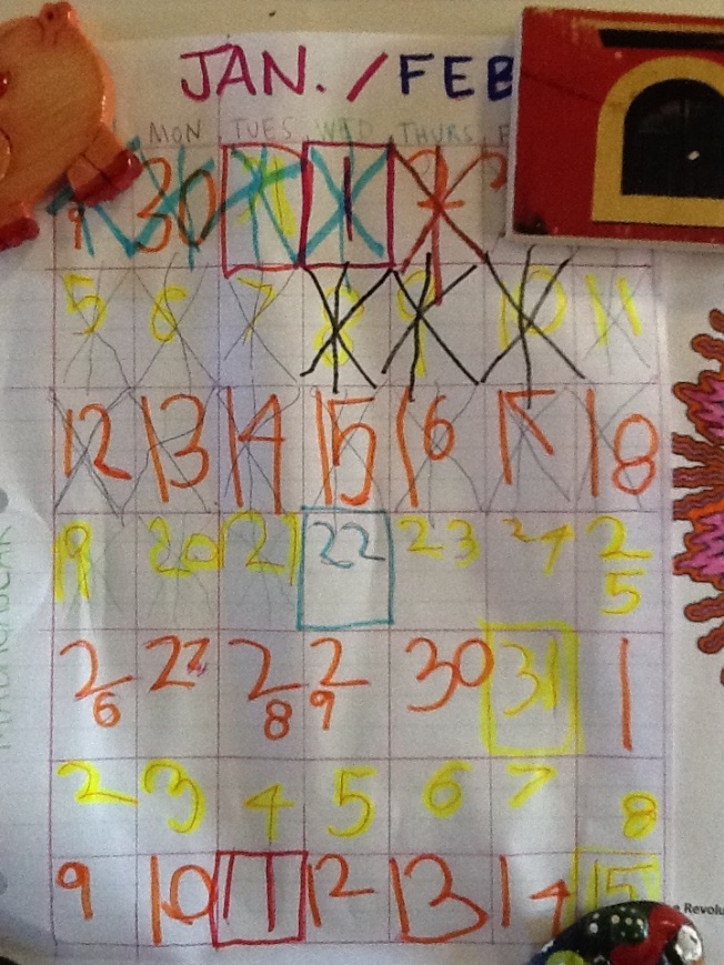 Owen's countdown calendar. Lots of important dates: my sister's birthday, Mark's birthday, Owen's birthday and my due date.